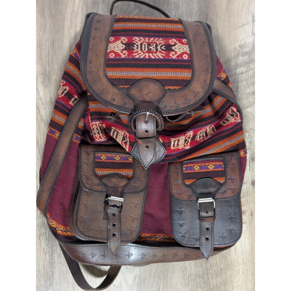 Handcrafted Tooled Leather‎ Bohemian Backpack Aztec Burgundy Brown